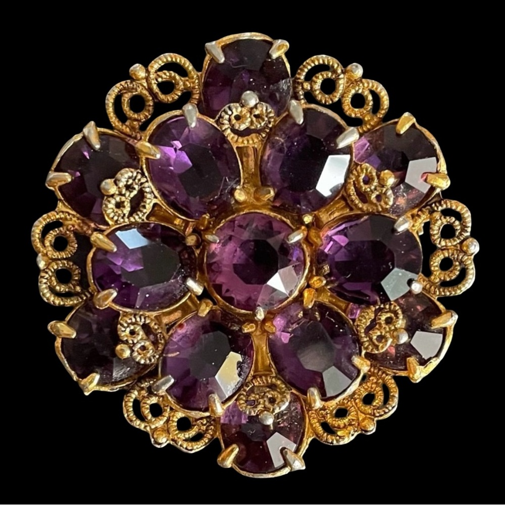 Vintage Goldtone Filigree Brooch With Dark Amethyst Crystal Stones - Picture 1 of 5